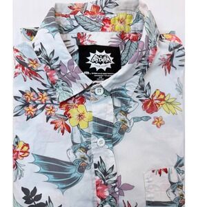 Batman Button Up Shirt Mens Large White Tropical Floral Short Sleeve Retro Style